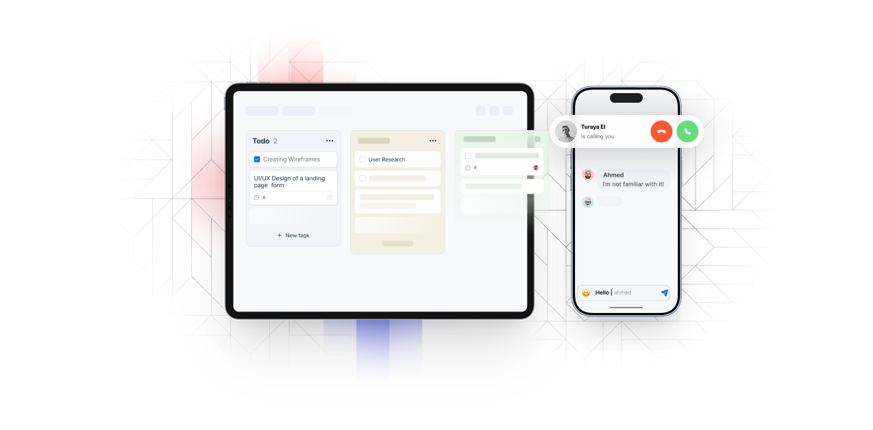 Workel on iPad showing kanban board and iPhone showing chat with incoming call